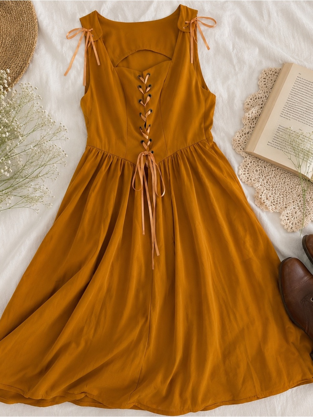 Scarlett Darkness Mustard Lace Up Cottagecore Midi Dress Small Renaissance Fairy